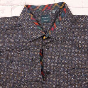 Leo Chevalier Design Button Up Shirt Mens 2X Big Navy Brown Non-Iron Cotton